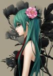  asukaziye flower green_eyes green_hair hair_flower hair_ornament hatsune_miku highres long_hair profile solo vocaloid 