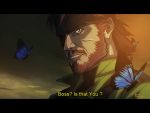  1boy anime_coloring beard blue_eyes brown_hair butterfly emilio_lopez english facial_hair fake_screenshot headband letterboxed male metal_gear metal_gear_solid metal_gear_solid_peace_walker mustache naked_snake signature solo 