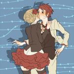  beatrice blonde_hair blush flower formal hair_flower hair_ornament jewelry kiss lowres necktie red_hair redhead ring skirt suit thigh-highs thighhighs umineko_no_naku_koro_ni ushiromiya_battler vest zettai_ryouiki 