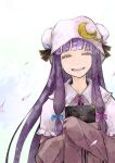  book book_hug bow capelet closed_eyes crescent hair_bow happy hat long_hair ngra patchouli_knowledge purple_hair sleeves_past_wrists smile solo star touhou 