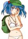  backpack bag between_breasts bikini blue_eyes blue_hair breast_lift breasts crossed_arms hand_on_own_face hat jewelry kawashiro_nitori key long_hair navel necklace shima_(pixiv) solo swimsuit touhou twintails 