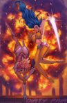  2girls ass belt blue_eyes blue_hair boots breasts dirty_pair energy_sword explosion gloves gun headband kei_(dirty_pair) long_hair midriff pants redhead robert_porter short_hair sword weapon yuri_(dirty_pair) 