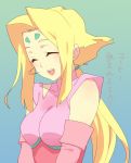  blonde_hair closed_eyes detached_sleeves facial_mark fiona_(zoids) happy long_hair lowres open_mouth ponytail solo taki_(nakochan) taki_(pixiv) v_arms zoids zoids_chaotic_century 