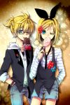  blonde_hair candy earrings face flower food glasses hair_ornament hair_ribbon hairclip hand_in_pocket jewelry kagamine_len kagamine_rin lollipop ponytail ribbon short_hair shorts siblings smile swirl_lollipop twins vocaloid wink yuh 