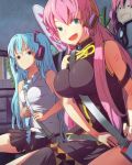  between_breasts breast_envy breasts car car_interior hatsune_miku headphones highres kemu_(pixiv463430) large_breasts megurine_luka motor_vehicle necktie pink_hair seatbelt staring_at_breasts strap_cleavage surfboard takoluka twintails vehicle vocaloid 