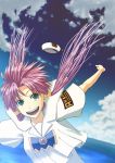  gotoo_(acqua) hat hat_removed headwear_removed mizunashi_akari open_mouth pink_hair sky solo wind 