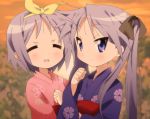  closed_eyes hiiragi_kagami hiiragi_tsukasa japanese_clothes kimono long_hair lucky_star purple_hair short_hair siblings sisters twins twintails yamasaki_wataru yukata 