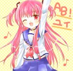  angel_beats! long_hair pink_eyes pink_hair school_uniform serafuku shiyu waving wink yui_(angel_beats!) 
