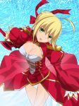  ahoge blonde_hair breasts cleavage epaulettes fate/extra fate/stay_night fate_(series) green_eyes hair_ribbon panties ribbon robina saber saber_extra see-through solo type-moon underwear 