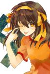  brown_hair casual h hair_ribbon hairband long_hair ribbon suzumiya_haruhi suzumiya_haruhi_(young) suzumiya_haruhi_no_yuuutsu tongue wink zan_nenko 