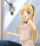  blue_eyes hand_on_headphones headphones highres instrument k-on! kotobuki_tsumugi long_hair microphone open_mouth rinkzea singing solo studio_microphone synthesizer wink 