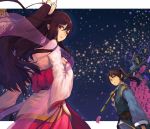  1girl aki_(mare_desiderii) aki_(nastumegu) brown_hair chinese_clothes couple hikoboshi night night_sky original orihime sky star star_(sky) starry_sky tanabata tanzaku 