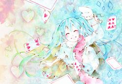  ^_^ card closed_eyes coat earmuffs falling_card from_above hatsune_miku long_hair scarf skirt smile snow_trick_(vocaloid) solo summer tomoshibi_rei traditional_media twintails vocaloid watercolor_(medium) winter 