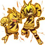  1boy blonde_hair electabuzz electricity hitec hoodie male moemon personification pokemon pokemon_(creature) pokemon_(game) pokemon_rgby simple_background solo striped tail white_background 