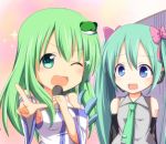  2girls aqua_hair armpits blue_eyes bow crossover detached_sleeves frog_hair_ornament gradient gradient_background green_eyes green_hair hair_bow hair_ornament hair_tubes hatsune_miku kochiya_sanae long_hair looking_at_another looking_at_viewer microphone multiple_girls necktie nitizyo number open_mouth pinky_out pointing pointing_at_viewer snake sparkle touhou twintails vest vocaloid wink 