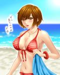  beach bikini blush bracelet breasts brown_eyes brown_hair front-tie_top hamura_mayu jewelry meiko necklace short_hair solo swimsuit translated translation_request vocaloid 