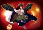  1girl arm_cannon aura bird_wings black_hair blouse bow breasts cape hair_bow highres kinokodake kneehighs leg_up light light_particles light_trail long_hair looking_at_viewer payot ponytail red_background red_eyes reiuji_utsuho short_sleeves skirt solo sun third_eye touhou weapon 