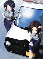  braid brown_hair from_above gloves green_eyes kobayakawa_miyuki long_hair naono police police_car police_uniform policewoman purple_eyes short_hair tsujimoto_natsumi uniform violet_eyes you&#039;re_under_arrest you're_under_arrest 