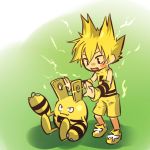  1boy bare_shoulders blonde_hair blush_stickers child detached_sleeves electricity elekid fang hitec male moemon open_mouth personification pokemon pokemon_(creature) pokemon_(game) pokemon_gsc shorts sitting smile solo 