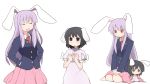  animal_ears black_eyes black_hair blazer bunny_ears chibi clenched_hands dress eating fanfad hands_on_hips inaba_tewi jewelry kneeling ladfa long_hair multiple_girls necktie pendant pink_dress pink_hair rabbit_ears red_eyes reisen_udongein_inaba ribbon short_hair sitting touhou v_arms wariza young 