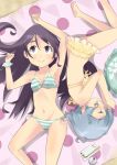  bikini black_eyes black_hair blue_eyes blue_hair can chopsticks kakiwemon long_hair lying multiple_girls on_side original pillow short_hair skirt striped striped_bikini striped_swimsuit swimsuit 