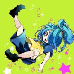  blue_hair fallen_down gradient_hair hair_over_one_eye hisaboden inazuma_eleven kazemaru_ichirouta kneehighs multicolored_hair open_mouth ponytail raglan_sleeves red_eyes shoes shorts sneakers socks solo star 