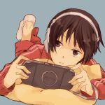  1boy axis_powers_hetalia bad_id brown_eyes brown_hair foreshortening hands headphones japan_(hetalia) lying male on_stomach playing_games playstation_portable product_placement psp short_hair simple_background sketch solo sonomura track_suit 