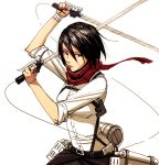  1girl black_hair dual_wielding mikasa_ackerman scarf shingeki_no_kyojin short_hair solo sword 