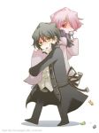  black_hair candy carrying chibi formal gilbert_nightray gloves hair_over_one_eye multiple_boys pandora_hearts red_eyes short_hair silver_hair simple_background trench_coat trenchcoat xerxes_break yellow_eyes 