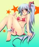  barefoot bikini breasts cleavage_cutout feet fujiwara_no_mokou hair_ribbon long_hair red_eyes ribbon sen_(astronomy) side-tie_bikini side_ponytail silver_hair solo swimsuit touhou underboob 