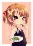  belly brown_eyes brown_hair eating food food_on_face hair_ribbon mano_(shampoohatter) marui_mitsuba mitsudomoe plate ribbon short_twintails solo twintails 