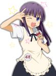  apron bad_id badge blue_eyes blush_stickers bow hime_cut long_hair nma open_mouth purple_hair ribbon solo standing star tsurime waitress whisk wink working!! yamada_aoi 