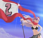  bikini breasts cleavage flag flower hair_flower hair_ornament hand_on_hip hibiscus highres idolmaster idolmaster_2 large_breasts long_hair o-ring_top polearm red_eyes red_scarf sarong scarf shijou_takane silver_hair solo spear swimsuit weapon 