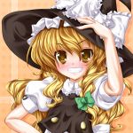  bad_id blonde_hair bow bust grin hair_bow hat highres kirisame_marisa long_hair lozelia lucie smile solo touhou witch_hat yellow_eyes 