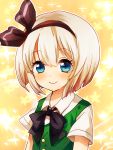  1girl blue_eyes bow bowtie hair_bow hairband konpaku_youmu ribbon shirt short_hair smile solo touhou tyeinn-suineryuu white_hair yellow_background 