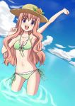  :d arm_up bikini blue_door breasts cleavage dutch_angle hat highres open_mouth original pink_hair purple_eyes raised_hand side-tie_bikini smile solo straw_hat submerged swimsuit violet_eyes 