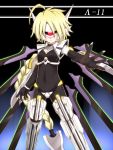  armor blazblue blonde_hair blue_hair bodysuit braid character_name cyclops glowing_eye hair_weapon lambda-11 long_hair mask mecha_musume navel one-eyed outstretched_hand ponytail portrait red_eye ry scifi solo sword very_long_hair weapon 