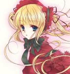  blue_eyes bonnet bow dress face frills hairband long_hair lowres rozen_maiden shinku simple_background solo twintails yuh 