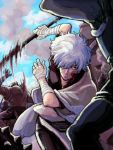  action bandages bokken cloud clouds foreshortening gintama japanese_clothes male misosable motion_blur oekaki sakata_gintoki silver_hair sky smoke solo sword tegaki weapon wooden_sword 