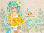  alternate_costume apron aqua_eyes aqua_hair bespectacled food food_as_clothes food_themed_clothes glasses hair_ornament hatsune_miku leaf long_hair noodles plate smile solo tomoshibi_rei twintails vocaloid waist_apron 