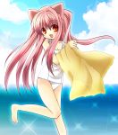  animal_ears bad_id barefoot cat_ears long_hair one-piece_swimsuit otoneha quiz_magic_academy red_eyes red_hair redhead school_swimsuit solo swimsuit towel white_school_swimsuit 