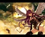  bad_id bird cloud clouds elbow_gloves feathers floating_city gan_(shanimuni) gloves grin head_wings letterboxed long_hair multiple_wings original outstretched_hand pointy_ears purple_hair red_eyes sky smile solo thigh-highs thighhighs wings 
