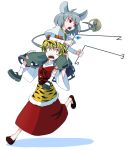  animal_ears blonde_hair carrying dowsing_rod grey_hair hair_ornament jewelry kansuke_(artist) mouse mouse_ears mouse_tail multiple_girls nazrin pendant red_eyes riding short_hair shoulder_carry sitting sitting_on_person tail toramaru_shou touhou 