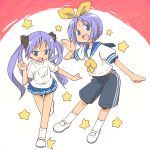  blue_hair gym_uniform hiiragi_kagami hiiragi_tsukasa long_hair lucky_star nemuro_nao school_uniform serafuku siblings sisters twins twintails 