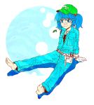  alternate_costume barefoot charin contemporary feet kawashiro_nitori mouth_hold overall overalls solo tools touhou 