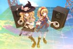  alice_margatroid alternate_costume blonde_hair blue_eyes boots capelet contemporary enriedo guitar hairband hat headphones instrument kirisame_marisa long_hair multiple_girls short_hair touhou witch_hat yellow_eyes 