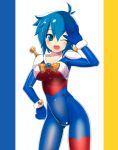  allenby_beardsley antenna_hair bad_id blue_eyes blue_hair bodysuit bow g_gundam gundam hand_on_hip mobile_trace_suit open_mouth pose rondo_bell short_hair solo taut_shirt wink 