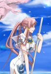 aria cherry_blossoms closed_eyes kagura_(anomalo-anima) long_hair mizunashi_akari petals pink_hair ponytail profile sky smile solo 