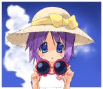  hat hiiragi_tsukasa lucky_star nyanmilla purple_hair school_uniform short_hair solo straw_hat sunglasses sweat 