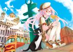  :d bell bell_collar bird book bow building cat cloud clouds collar dove frills from_below glasses hands_on_knees hat knees_touching licking long_hair luggage open_mouth orange_eyes original pink_hair shiro_n shoes sign sitting sky smile solo thigh-highs thighhighs train 